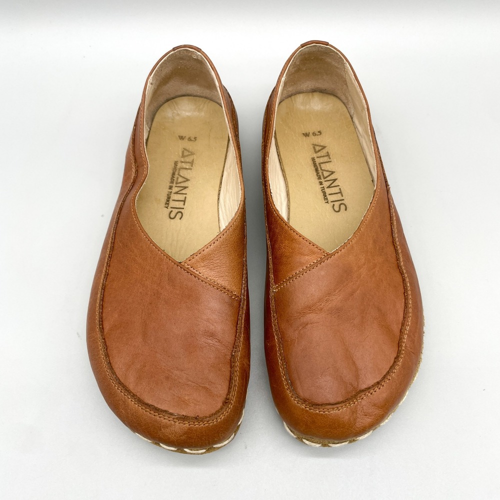 Atlantis Womens 6.5 Earthing Barefoot Shoes Cognac Leather Turkish Loafers Boho